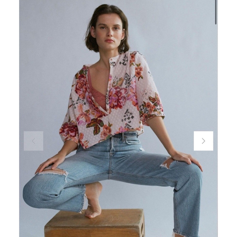 Pilcro Anthropologie Floral Surf Top Blouse Swiss Dot Henley Boho Pink Cream XL - Picture 3 of 12